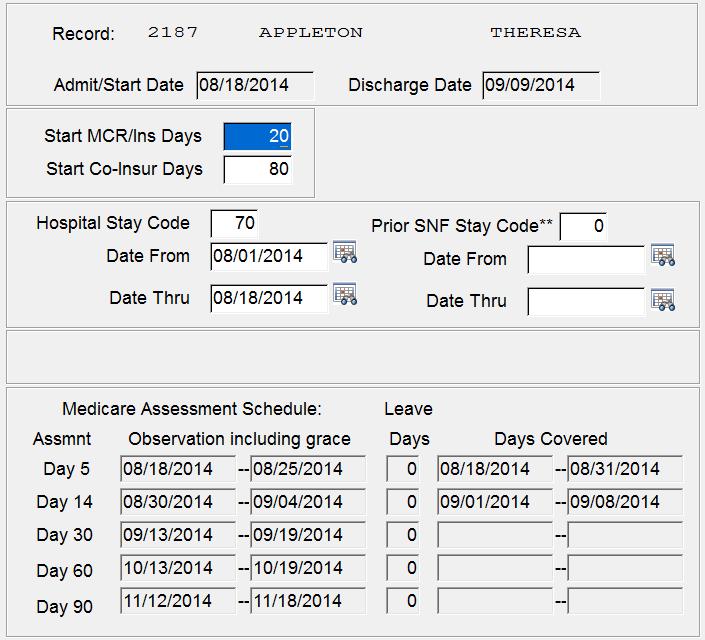 Stay Tables The Stay record includes key Census items, Diagnosis Codes and the MDS Skilled Assessment Schedule. Example: Figure 1 displays the two Stay records for the two admissions described below.