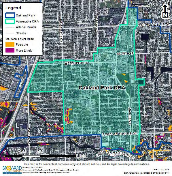 Oakland Park Community Redevelopment Area (CRA) Two Foot Sea Level Rise Scenario This map shows the Oakland Park Community Redevelopment Area (CRA) overlaid by the two foot sea level rise scenario.