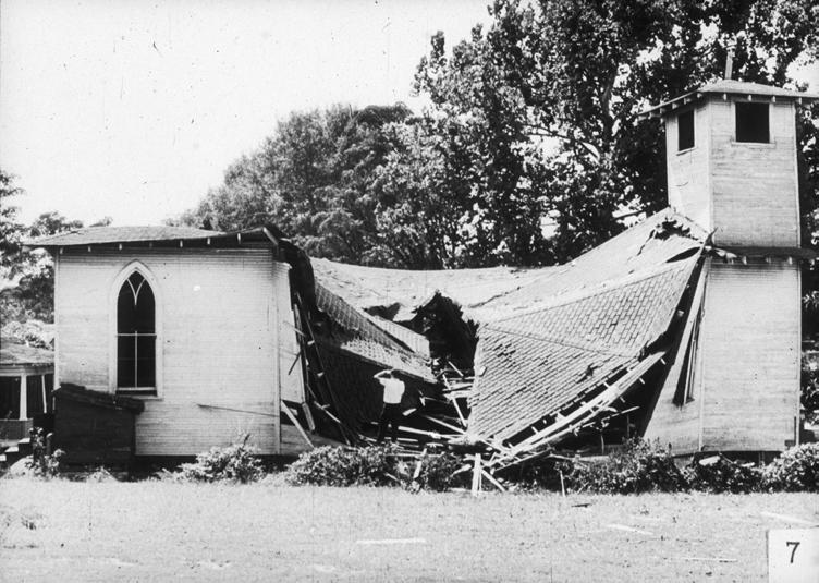 Society Hill Missionary Baptist Church, near McComb, Mississippi, after it was bombed on 20 September 1964. It had been used as a Freedom School.