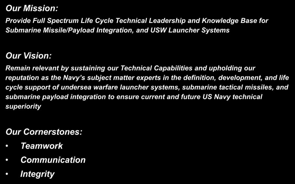 experts in the definition, development, and life cycle support of undersea warfare launcher systems, submarine tactical missiles, and submarine payload integration to