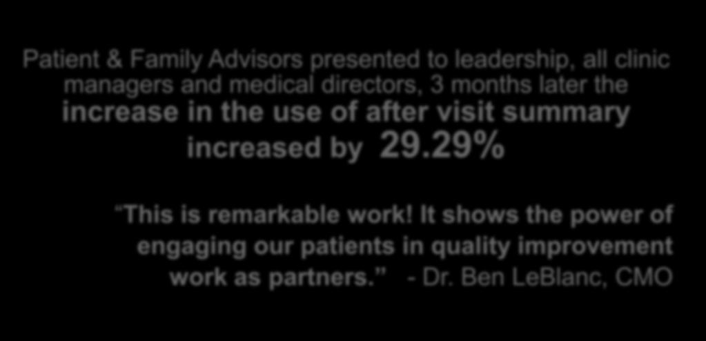 As a Result Patient & Family Advisors presented to leadership, all clinic