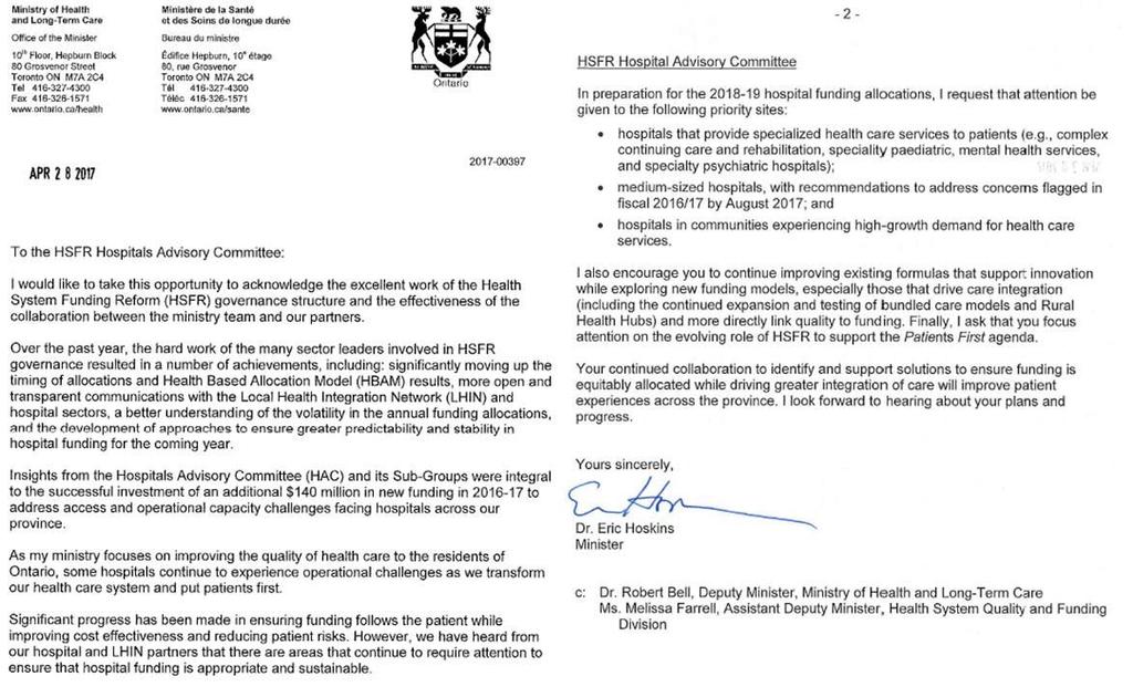 Letter to HAC from the Minister of