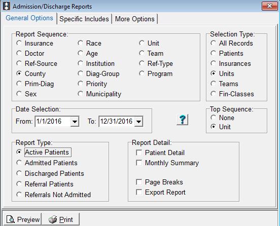 Date Selection: Reporting Year Top Sequence: Unit (if reporting for multiple units) Report Detail: leave unchecked More Options