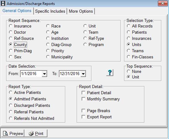 Go to Patient > Admission Report or press the Alter button if running from Report Groups. Report Type: Admitted Report Sequence: Unit Selection Type: Unit. Select unit(s) on the Specific Includes tab.