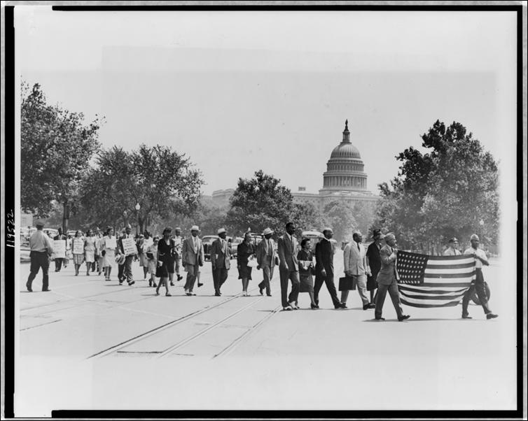IMAGE 1 Protests in Washington D.C. Black servicemen and women returned home to find treatment of African American citizens largely unchanged. After the war, many veterans became active in protests.