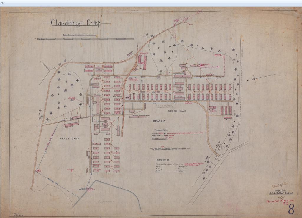 Plan of WWI training camp at Clandeboye, County Down showing the camp layout and buildings in 1915
