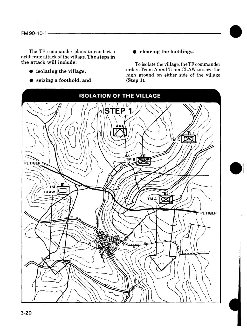 The TF commander plans to conduct a deliberate attack of the village. The steps in the attack will include: isolating the village, seizing a foothold, and clearing the buildings.