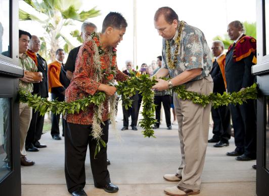 blessing of the Leeward District Service Center on January 10, 2014. The Royal Order of Kamehameha I performed the opening oli and Reverend Bob Nakata blessed each room in the building.