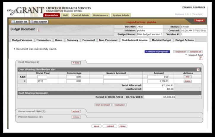 Distribution & Income Tab Cost Sharing Click on Show next to the Cost Sharing