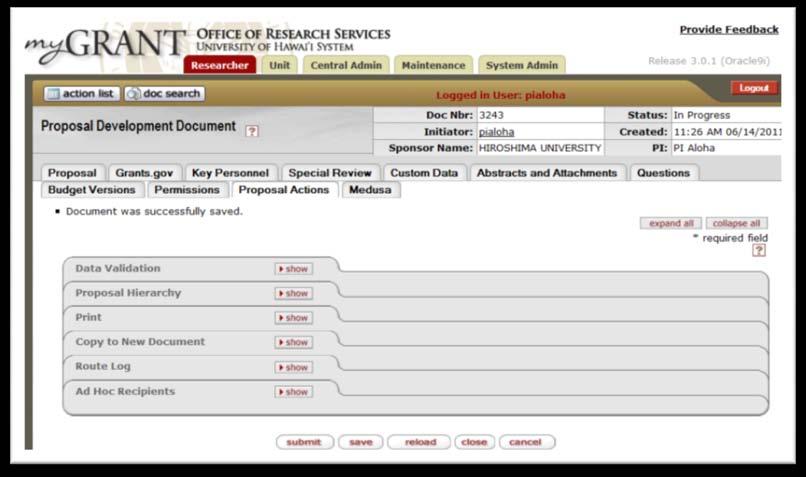 Proposal Actions Tab Click on the Proposal Actions tab.