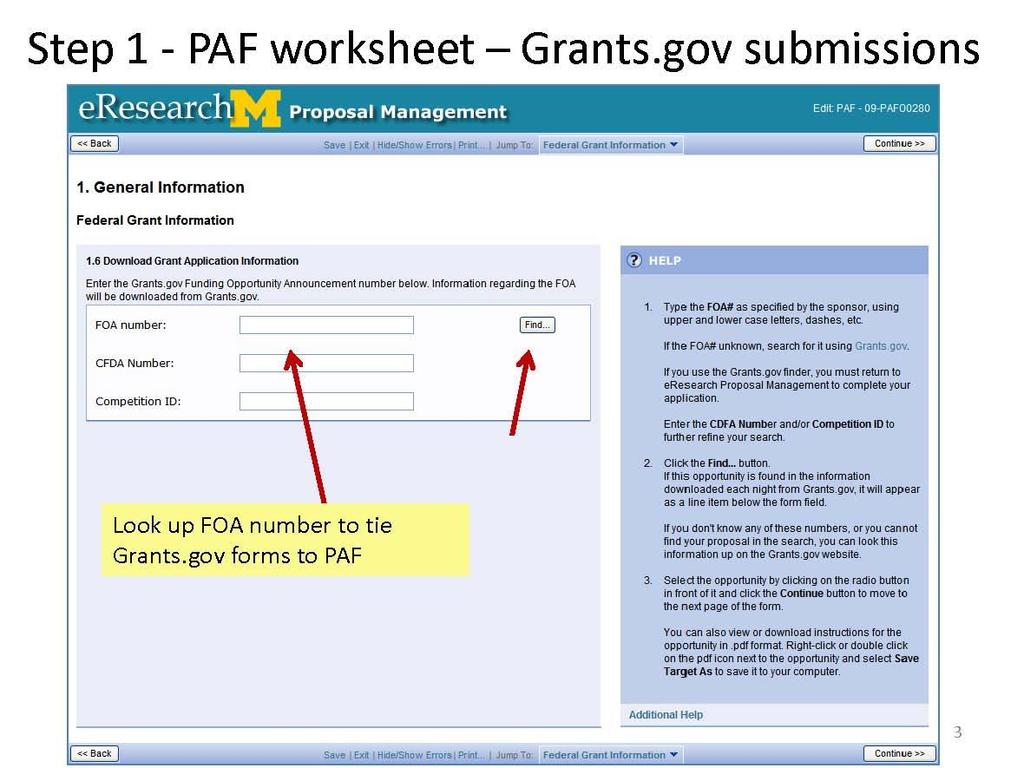 Enter the FOA # and click Find... to associate Grants.gov forms with PAF.