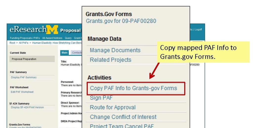 Using Copy Map Complete PAF before Grants.gov forms.