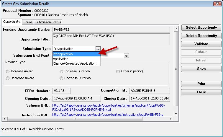 Pre-applications If your proposal is a "pre-application", open your proposal in Edit mode, then from the Action menu, select Grants.gov.