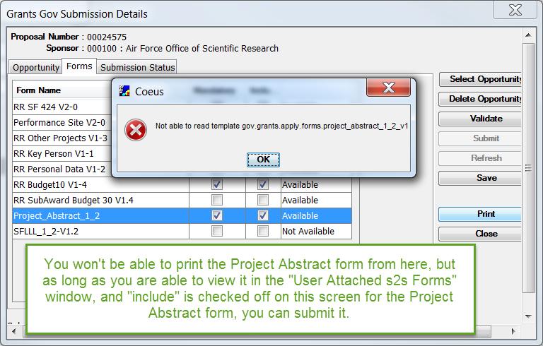 as you can view the form through User Attached S2S files menu, and Include is checked off for the Project Abstract on the Action > Grants.