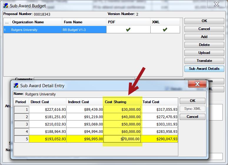Cost sharing subcontracts and the cost sharing distribution screen If cost sharing is manually filled in here: The cost sharing will appear in the NIHSUB1 (with OH) line item for year 1 and in each