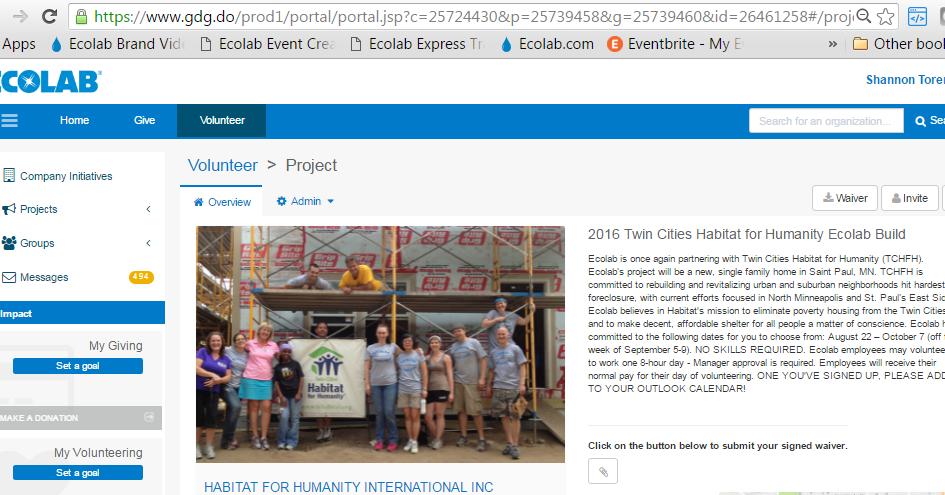 Invite Others Copy and paste the Ecolab Giving Site Volunteer Project URL using your personal email to invite others OR