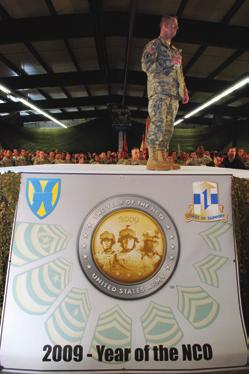 To launch the Year of the NCO in Europe, SMA Kenneth O. Preston addresses servicemembers at the Rhine Ordnance Barracks, Germany, in March.