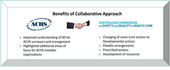 Collaboration The collaboration with the ACSQHC and sharing of the data for the first twelve months resulted in the ACSQHC changing some Core actions to Developmental actions.