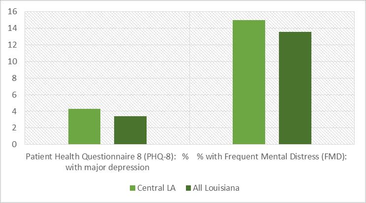 Findings on serious mental illness from the 2014 Louisiana BRFSS show a higher percentage of adults reporting both major depression and serious mental illness in the CHRISTUS Health Central Louisiana