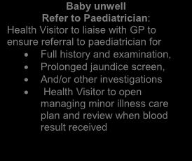 days old Preterm:> 21 days Health Visitor to carry out general assessment: Feeding History Baby s weight Document Stool and Urine Colour