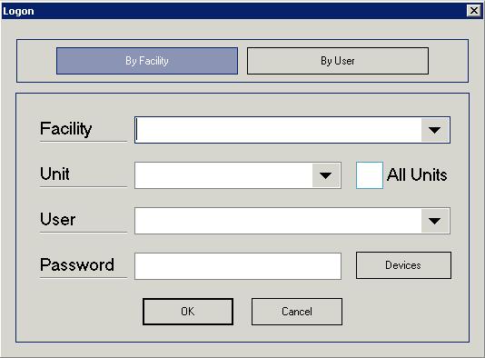 2. Click the ADL Optimum Clinicals button. 3. The Logon window displays. The By Facility button is selected by default. The remainder of this procedure assumes you wish to log in by facility. 4.