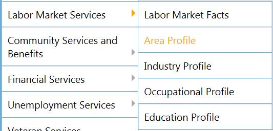 2 Using the left hand navigation, under the Services for Individuals header, hover over Labor Market Services and Click Area Profile.