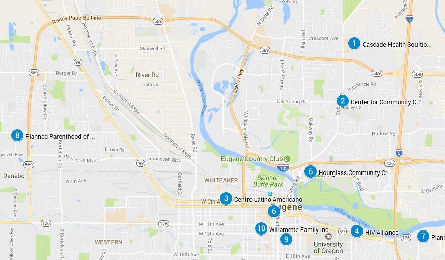 Clinic Maps Eugene Community Clinics 1. Cascade Health Solutions 2. Center for Community Counseling 3.