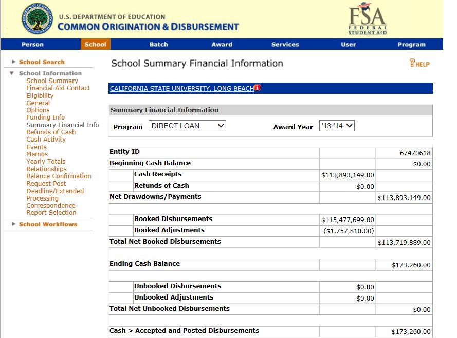 COD Web Screens - School Summary Wonderful University Mirrors the SAS cash summary layout but