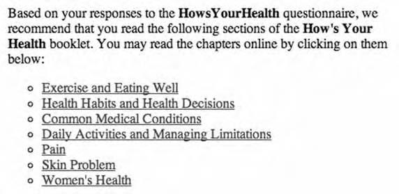 Suggested Readings and Helpful Links Your results from HowsYourHealth will include readings based on your responses to the survey.