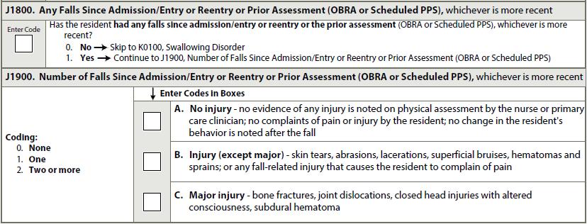 Exclusions Resident is excluded if one of the following is true for all of the look-back scan assessments: The occurrence of falls was not assessed: (J1900 = [-]) or The assessment indicates that a