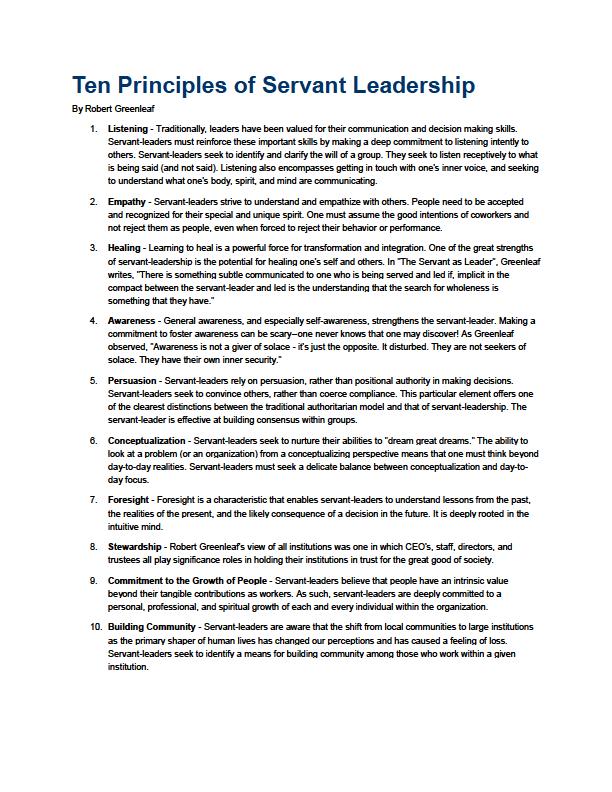 Servant Leadership Ten Principles of Servant Leadership by Robert Greenleaf Listening Empathy Healing Community Awareness Servant