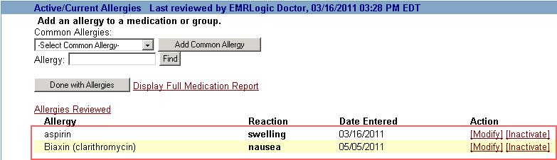 The selected allergy and reaction will then be