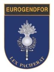 THE EUROGENDFOR LOGO On a background of blue sky, the cruciform sword symbolizes the force, the laurel crown the victory, and the flaming grenade the common military roots of the police forces.