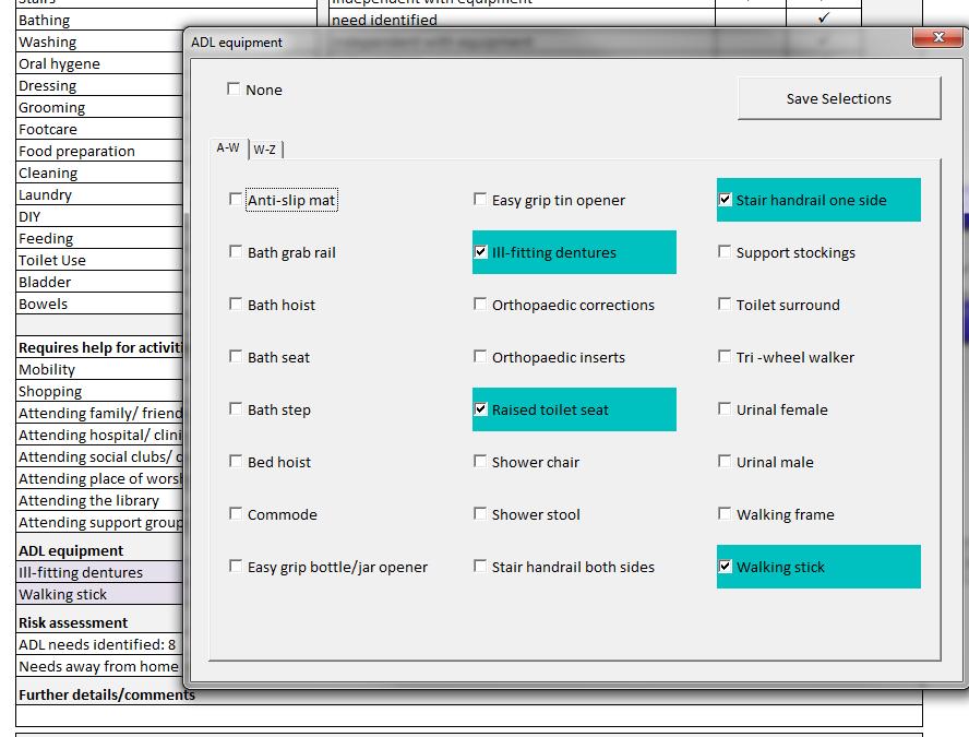 ADL equipment in use is highlighted when selected and appears in the ADL