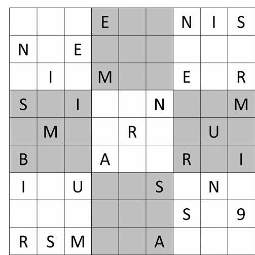 Every column (up and down) of 9 squares must include all the letters in the word