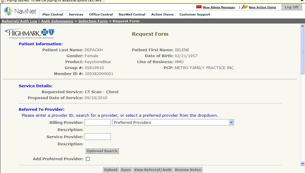 DOE, PPO JACKIE 03/20/1957 PPO 123456789001 The Request Form page appears with the service (s) you have requested.