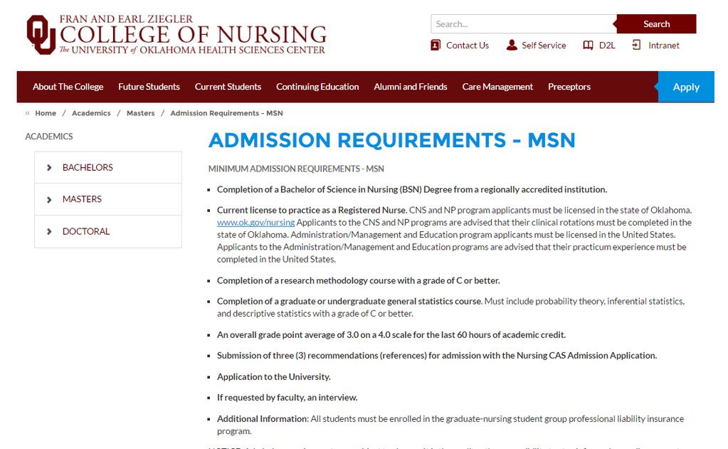 MSN: Admission Criteria BSN degree Oklahoma RN license 3.