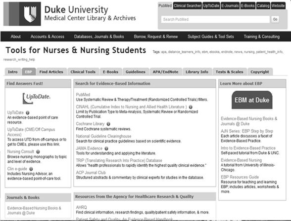 EBP (Evidence Based Practice) tab Click on the icon to return to the Library s Home page Find evidencebased answers at the point of care FAST using UpToDate or Nursing Consult.
