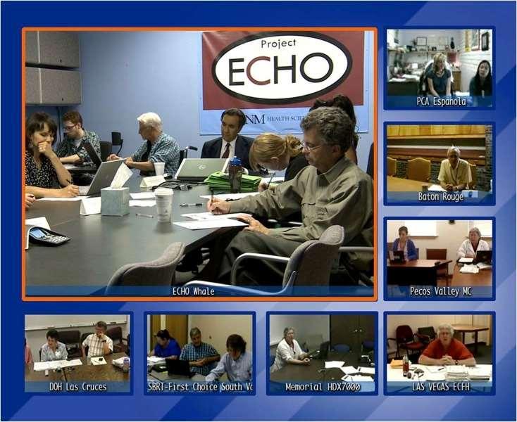PROJECT ECHO MODEL Project Echo Model: a hub-andspoke knowledge-sharing network, led by expert teams who use multipoint videoconferencing to conduct virtual clinics with community