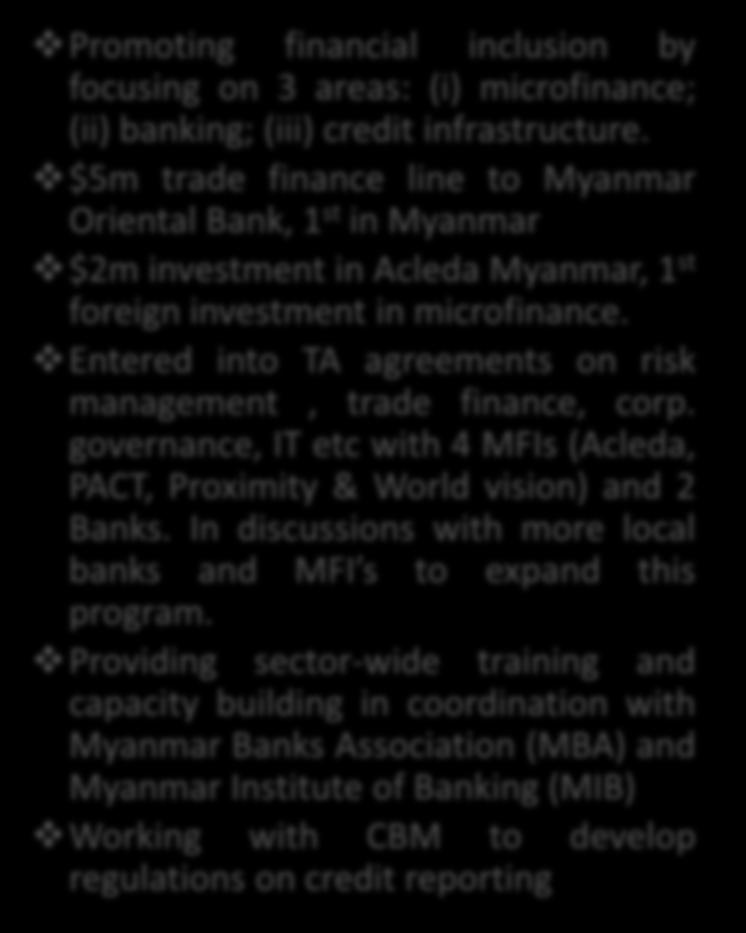 wasted. Considering corporatizing power distribution in Mandalay. ACCESS TO FINANCE Promoting financial inclusion by focusing on 3 areas: (i) microfinance; (ii) banking; (iii) credit infrastructure.