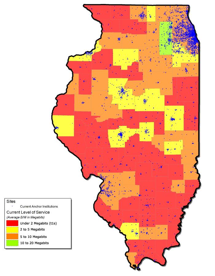 State of Illinois Broadband Coverage Map (Service Levels as of April 2010, by County) Community Anchor Institutions include K-12 schools,