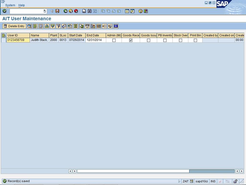 AIT User Maintenance (Screen 2) The status bar displays the message