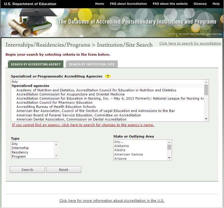 U.S. DOE Database of Accredited Programs and Institutions Information on Accredited Institutions Click Use search