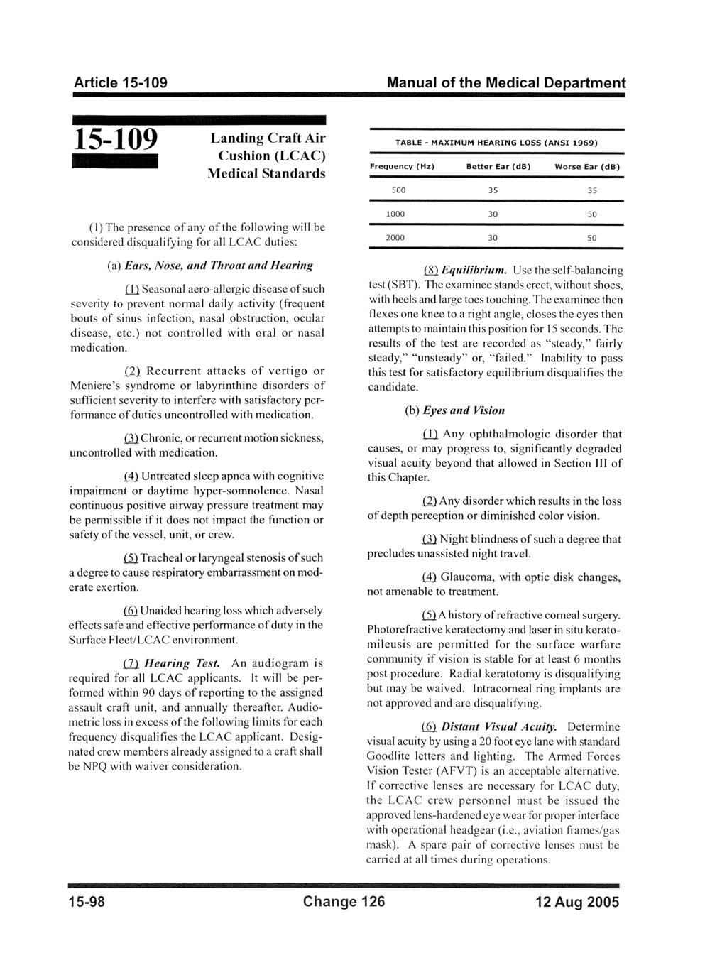 Article 15109 15109 Landing Craft Air Cushion (LCAC) Medical Standards (1) The presence of any of the following will be considered disqualifying for all LCAC duties: (a) Ears, Nose, and Throat and