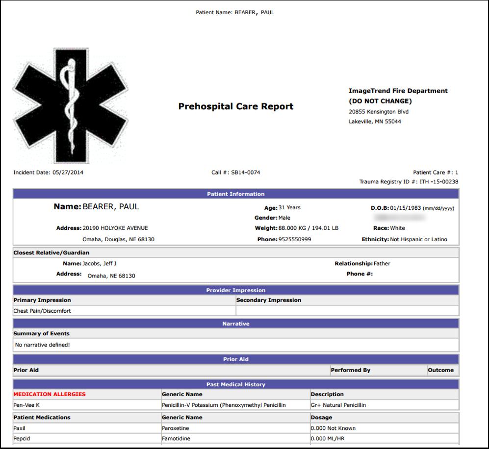 Example of an epcr in a PDF, Using Hospital Hub