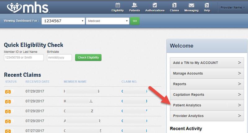 Accessing Patient Analytics When logging into Patient Analytics, the user is presented with the Patients tab as the main landing page.