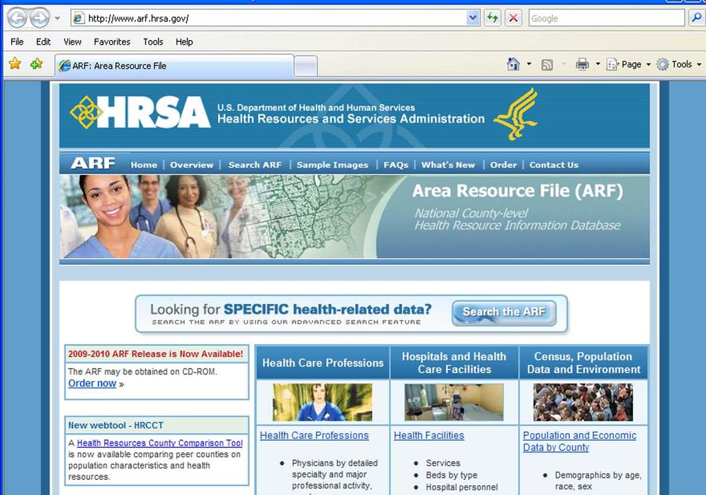 Area Resource File Home Page www.arf.hrsa.gov www.arf. hrsa.