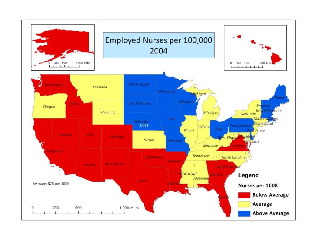 This map depicts those states that are below, average or above the national average of nurses per 100,000 people in the year 2004.