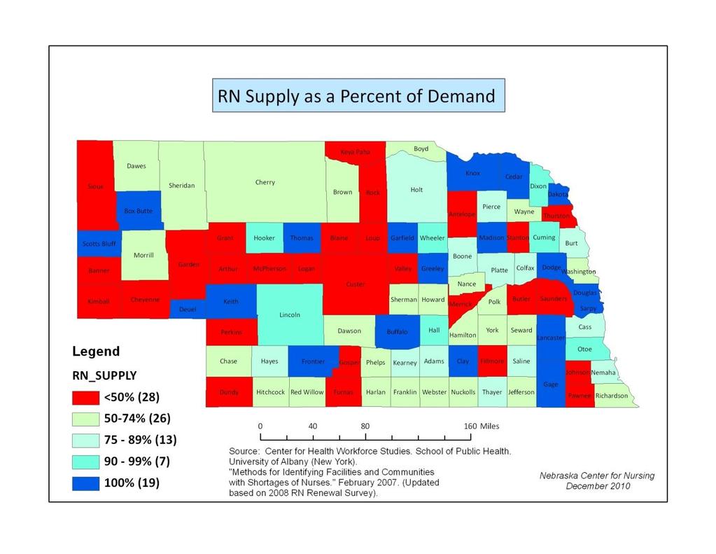 Those counties that have less than 50% of their nursing demand satisfied represent 6.7% of the total population of Nebraska 4 (n = 118,602 ).
