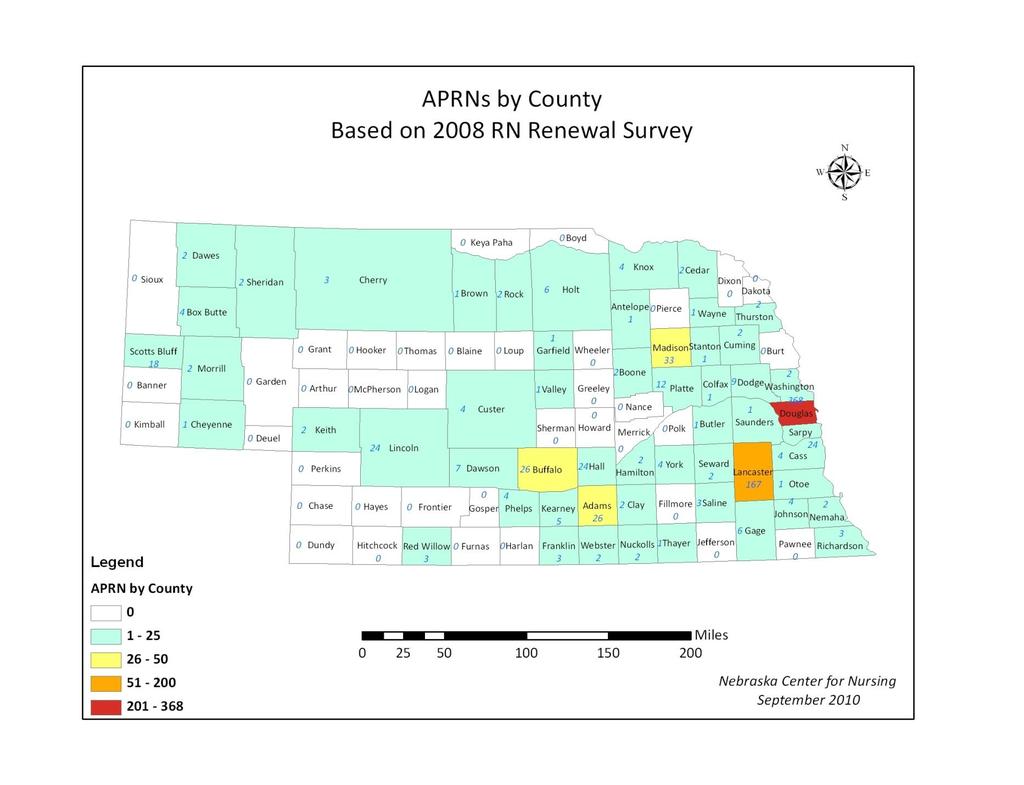 Geographic Location of APRNs The map below depicts the total number of APRNs by county based on 2008 RN Renewal Survey.